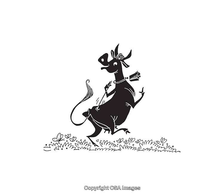 Illustration of a Stylish Dancing Cow in Black and White Line Art