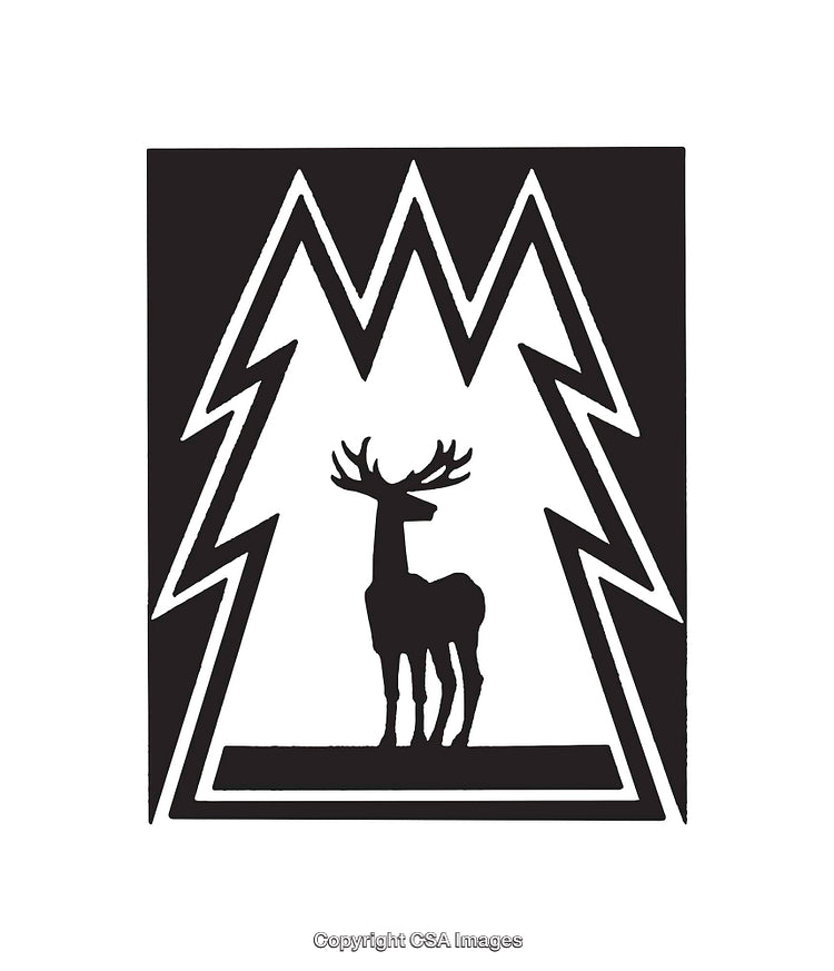 Black and White Line Art of a Deer Amid Pine Trees