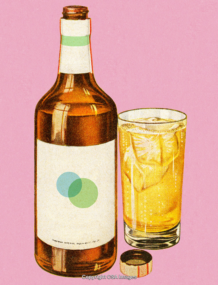 Retro Style Illustration of Bottle with Drink and Glass on Pink Background