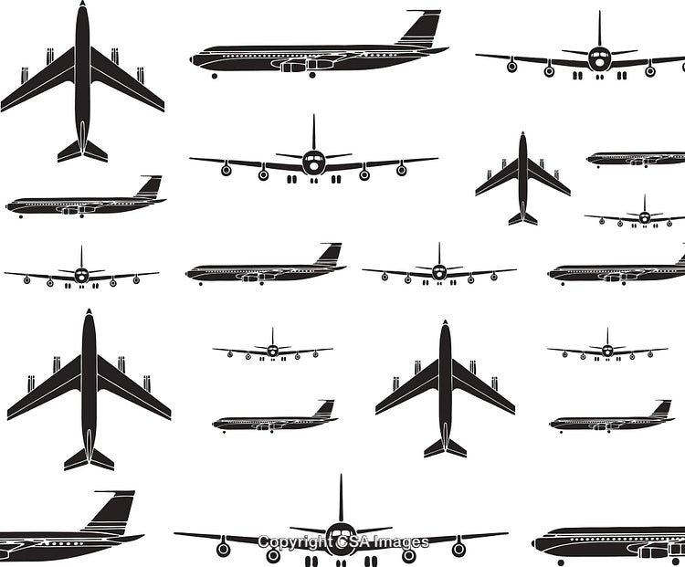 Various Black and White Jet Airplane Silhouettes for Aviation-Themed Designs