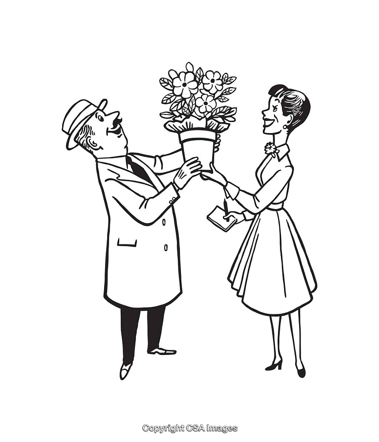Vintage Black and White Illustration of a Couple with Flower Gift