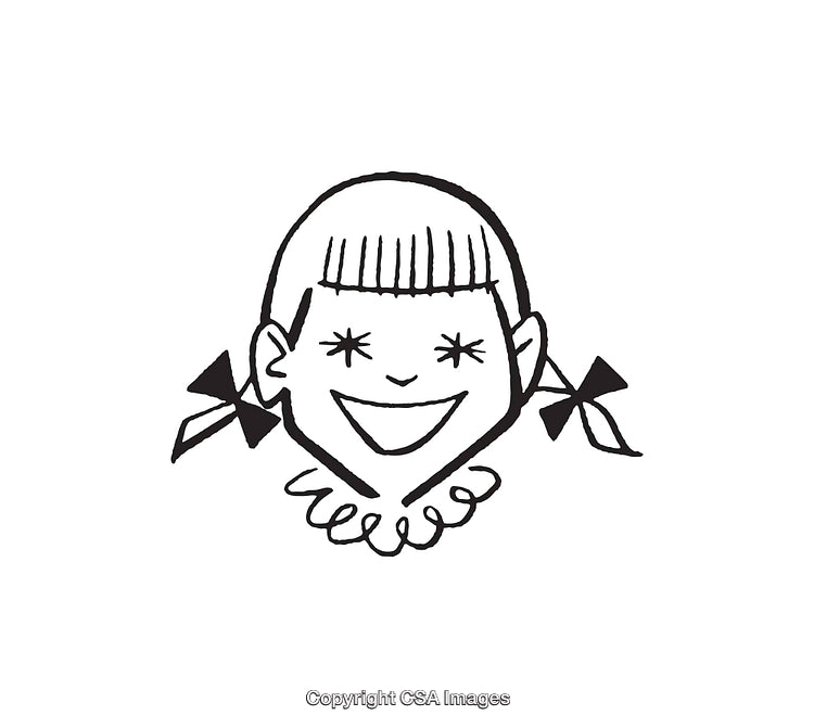 Black and White Line Art Illustration of a Cheerful Girl with Pigtails