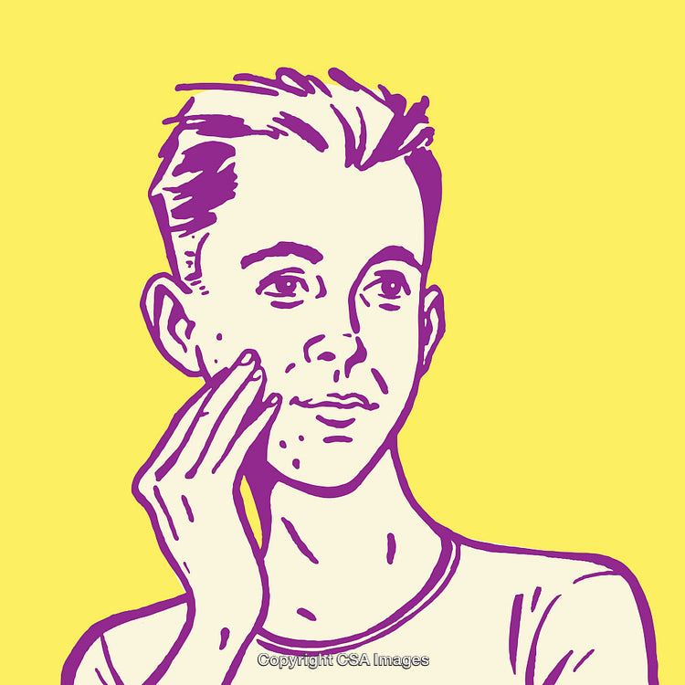 Male Character Touching Cheek in Yellow and Purple Line Art