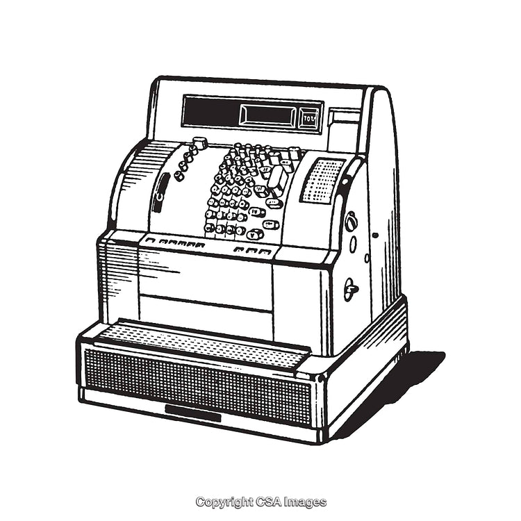 Vintage Cash Register Illustration in Black and White Line Art Style
