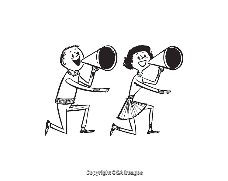 Black and White Line Art of Two Cheerful People with Megaphones