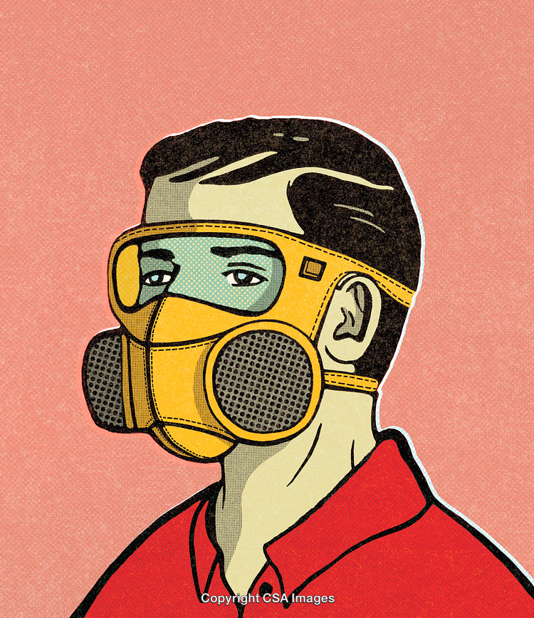 Retro Illustration of Man Wearing Yellow Gas Mask on Pink Background