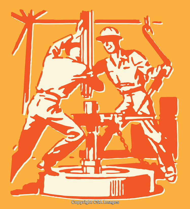 Vintage Industrial Line Art of Workers Operating a Machine