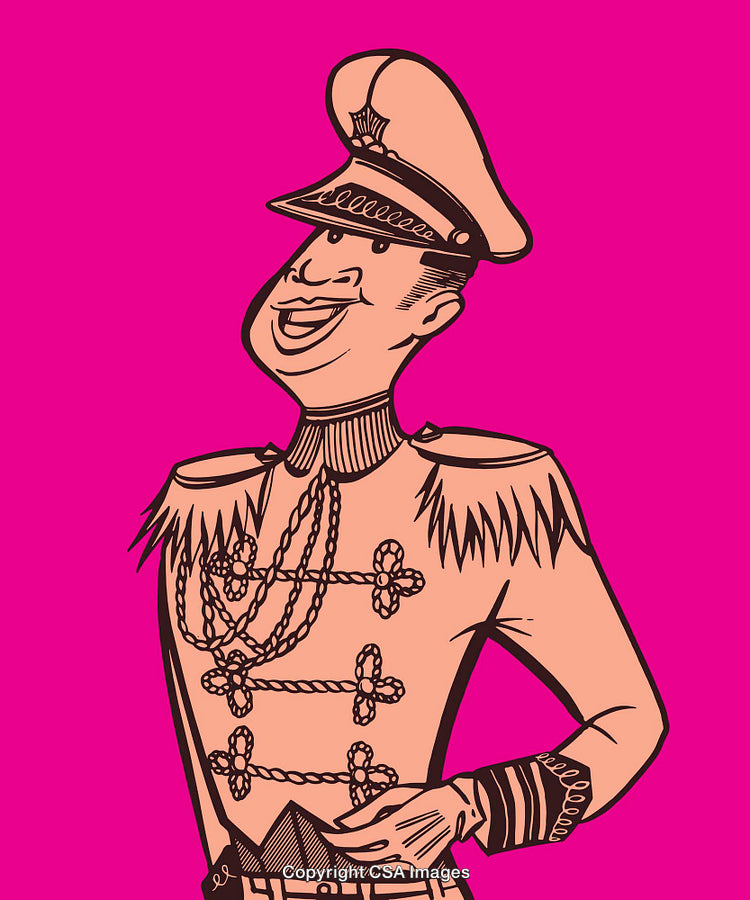 Cartoon Illustration of Cheerful Military Officer in Uniform Against Pink Background