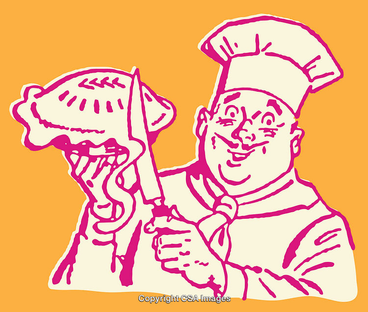 Colorful Retro Line Art of a Chef Displaying a Delicious Pie