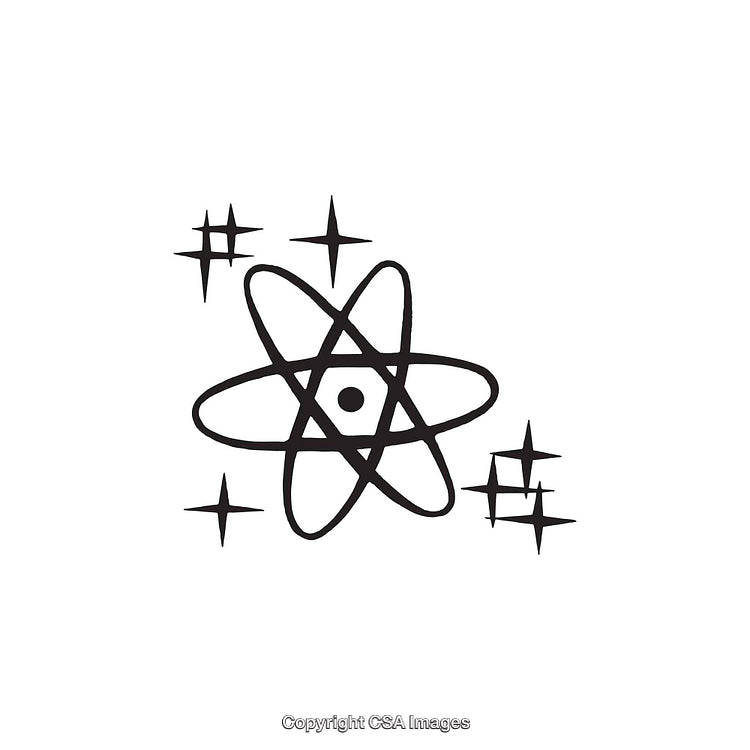 Black and White Atomic Symbol With Decorative Stars