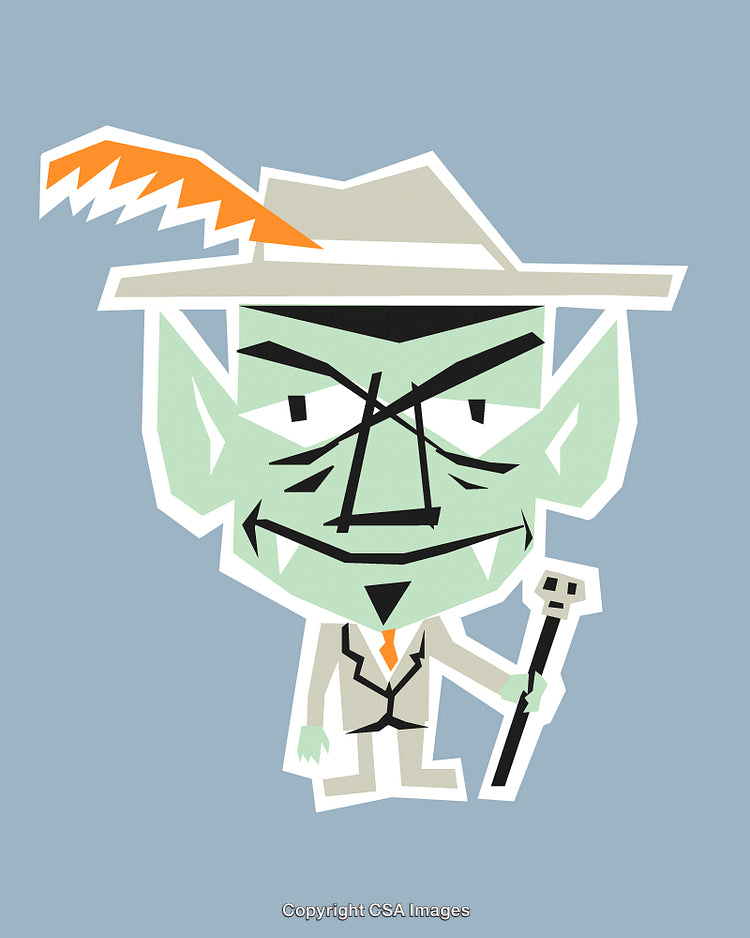 Cartoon Character in Suit With Skull Staff and Hat