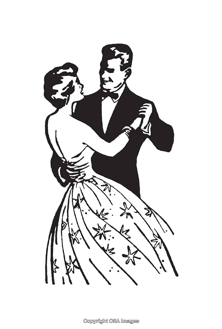 Elegant Couple Dancing Together in Black and White Line Art Style