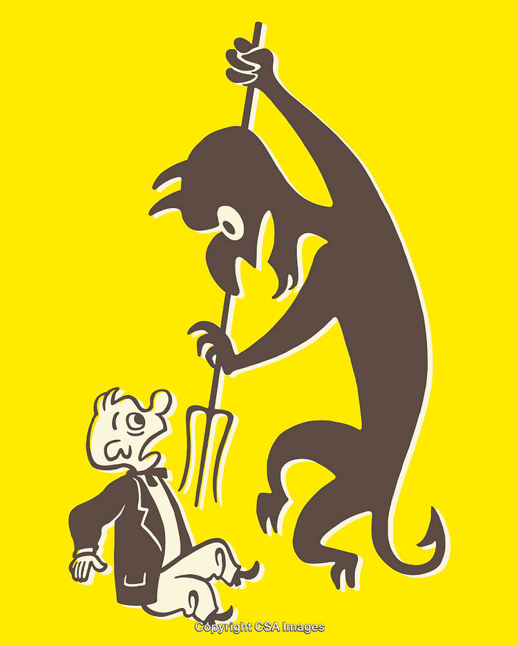 Cartoon Replay Between Devil and Man on Bright Yellow Background