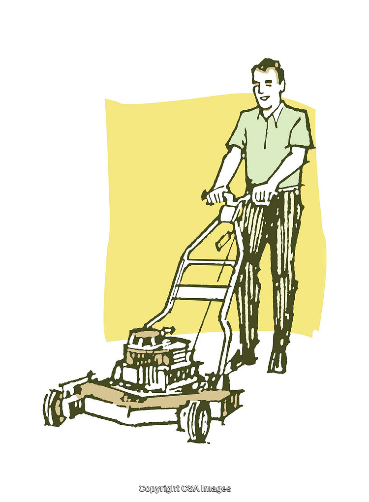 Man Operating a Lawn Mower in a Vintage Illustration Style