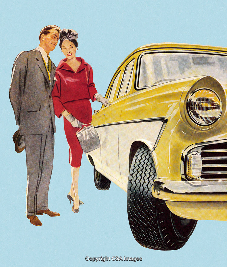 Elegant Couple Admiring Vintage Yellow Car in Retro-Style Illustration