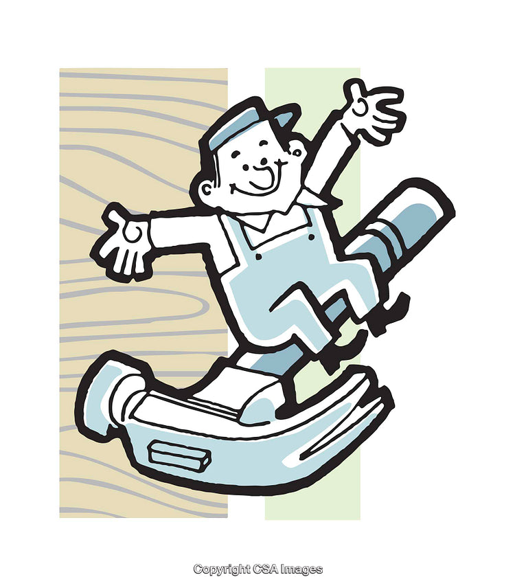 Cheerful Worker Jumping on a Hammer in Cartoon Illustration