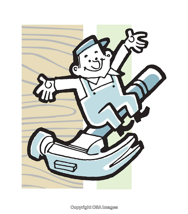 Cheerful Worker Jumping on a Hammer in Cartoon Illustration