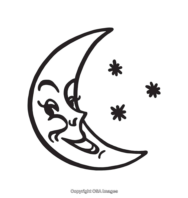Smiling Moon Line Art With Stars In Black and White Illustration
