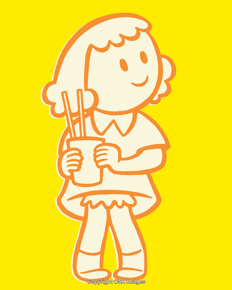 Color Line Art Illustration of a Girl Holding a Cup with Chopsticks