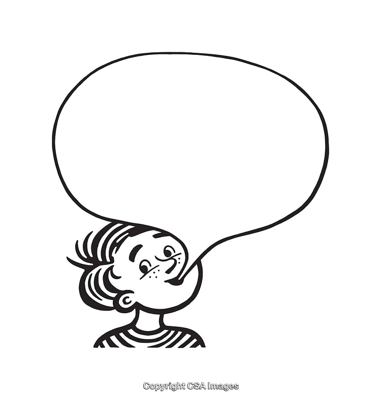 Black and White Cartoon Illustration of Child With Empty Speech Bubble