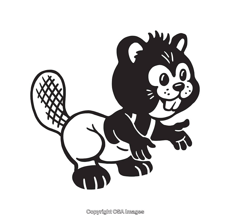 Black and White Illustration of a Cheerful Cartoon Beaver Character