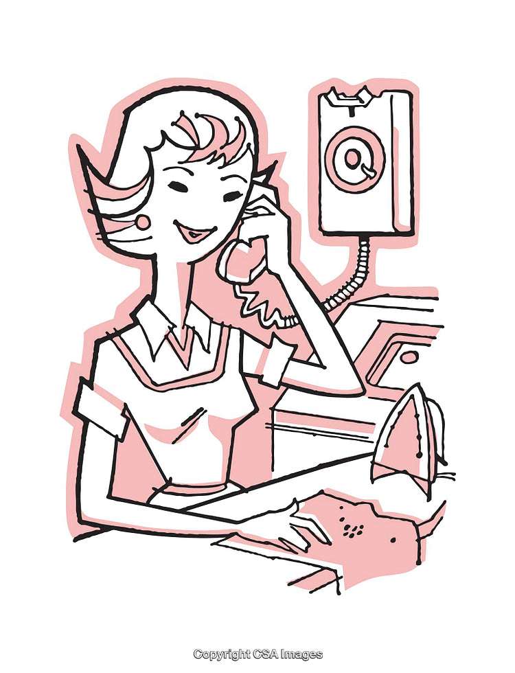 Retro Illustration of a Woman Using a Phone in a Pink Office