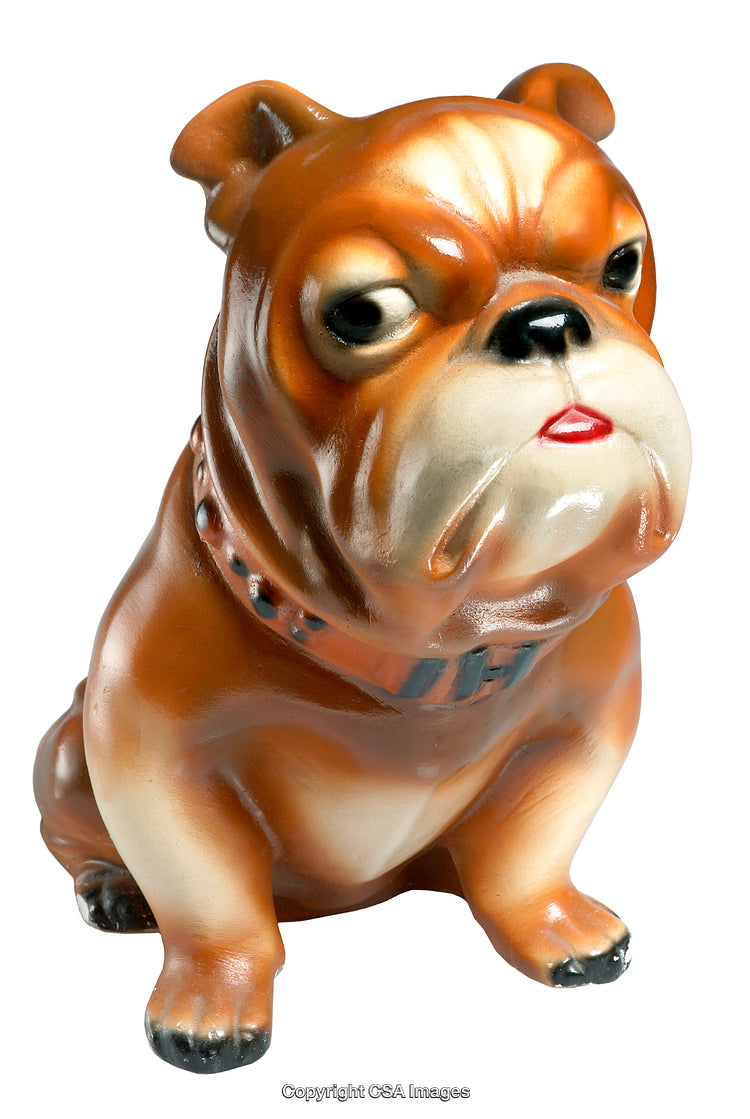 Detailed Ceramic Bulldog Figure with Brown and Cream Colors in Close-Up
