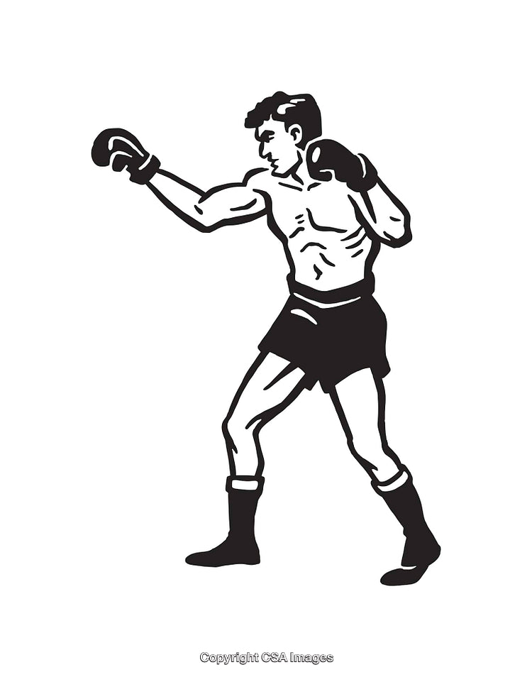 Black and White Line Art Boxer in Throwing Punch Stance