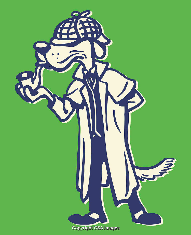 Retro-Styled Cartoon Drawing of a Detective Dog Holding a Pipe