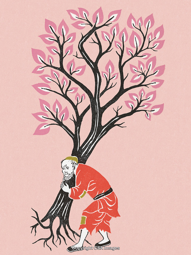 Illustration of a Person Carrying a Tree with Pink Blossoms