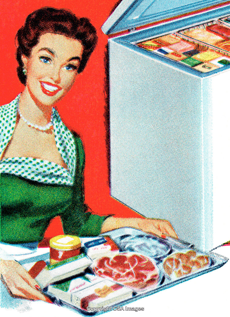 Vintage Illustration of Woman With Groceries and Open Freezer