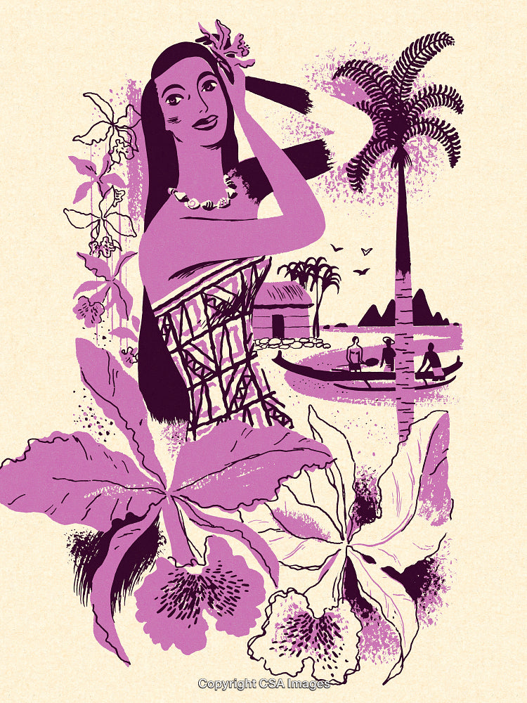Beautiful Tropical Artwork Featuring Woman, Flowers, Palm Trees, and Seaside Scenery