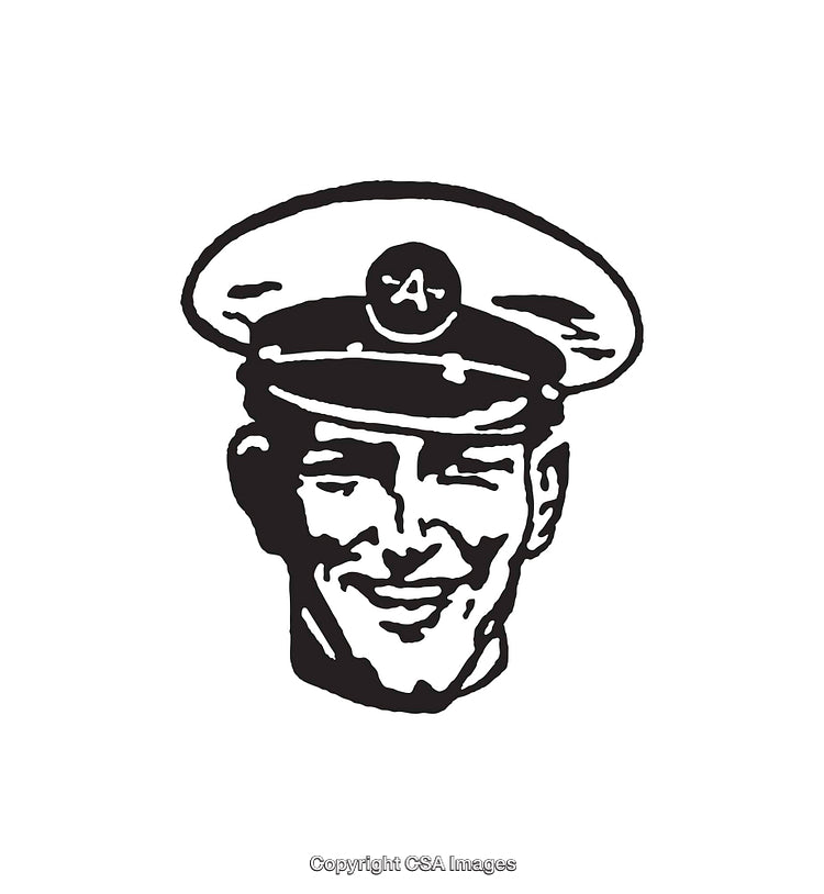Black and White Illustration of a Smiling Uniformed Man's Face