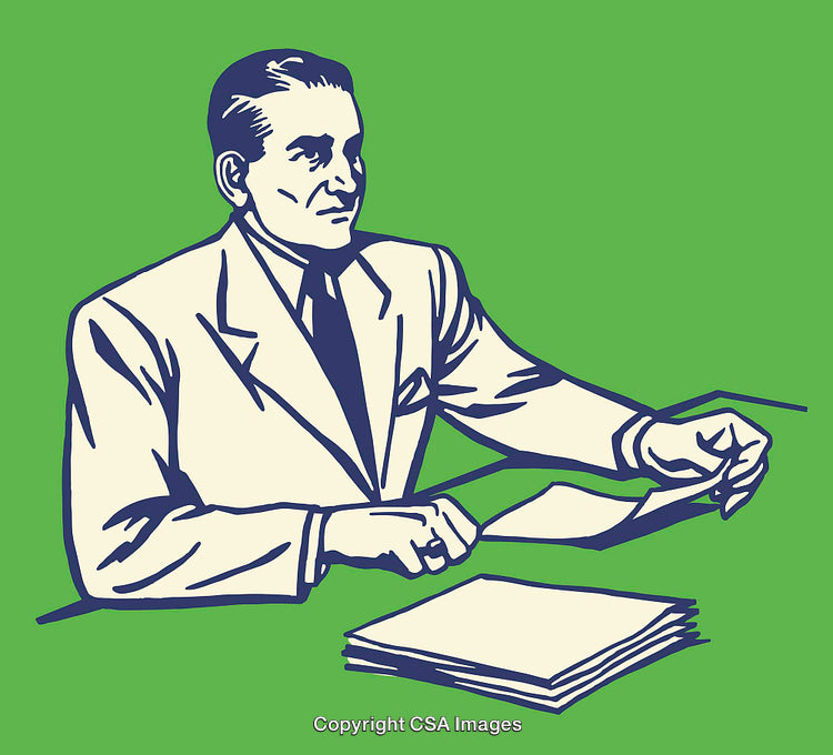 Professional Man in a Retro Office Setting Reading Documents, Color Line Art Style