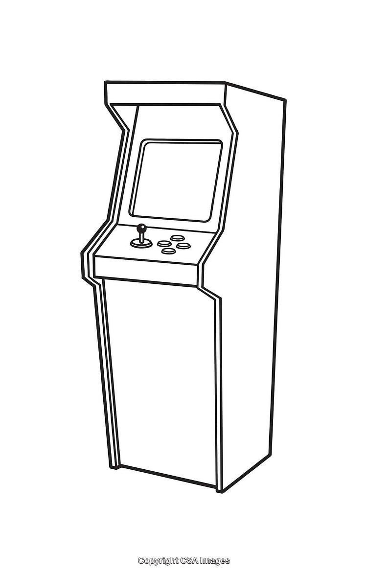 Black and White Line Art Illustration of a Retro Arcade Machine