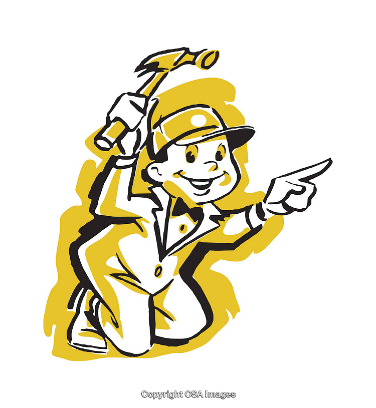 Playful Cartoon Worker with Hammer and Pointing Gesture