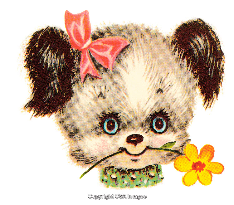 Cute Illustration of a Puppy with Flower and Bow in Nostalgic Style