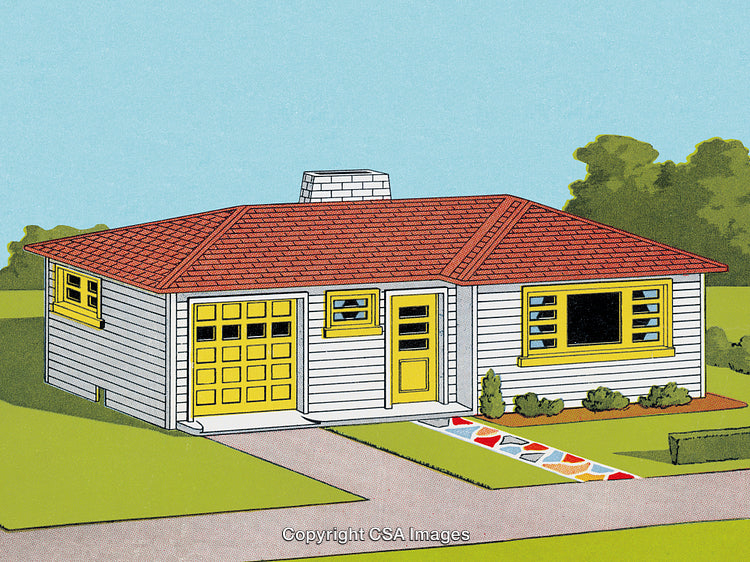 Illustration of a Charming Midcentury House With Decorative Pathway