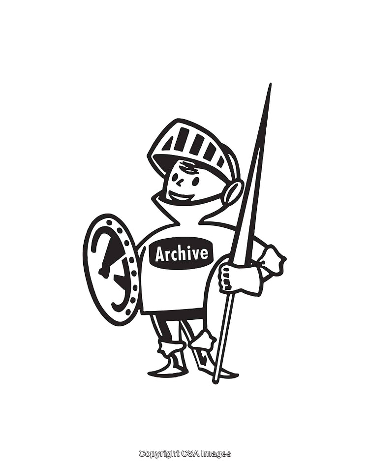 Black and White Illustration of a Cartoon Knight with a Shield and Spear