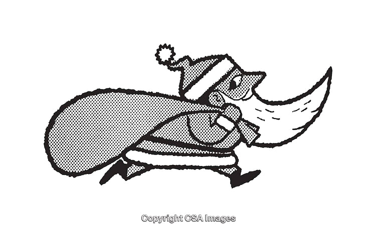 Retro Illustration of Santa Claus Running with a Sack in Black and White