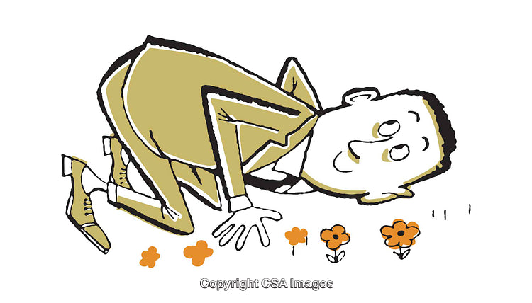 Cartoon Man Looking Curiously at Field Flowers in a Laid-back Position