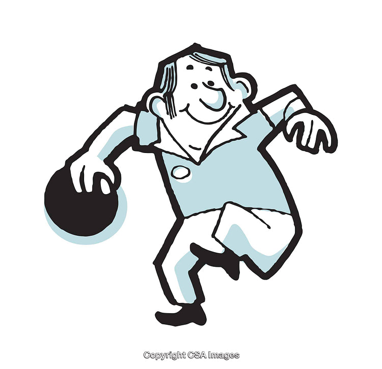 Cartoon Illustration of a Happy Man Bowling in Motion