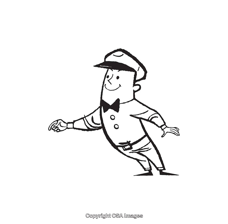 Black And White Illustration of a Smiling Cartoon Character in Uniform
