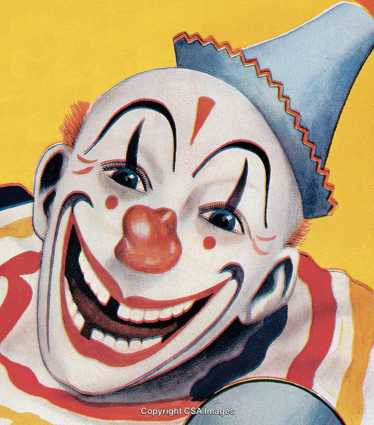 Close-Up of a Cheerful Clown in Colorful Face Makeup and Costume