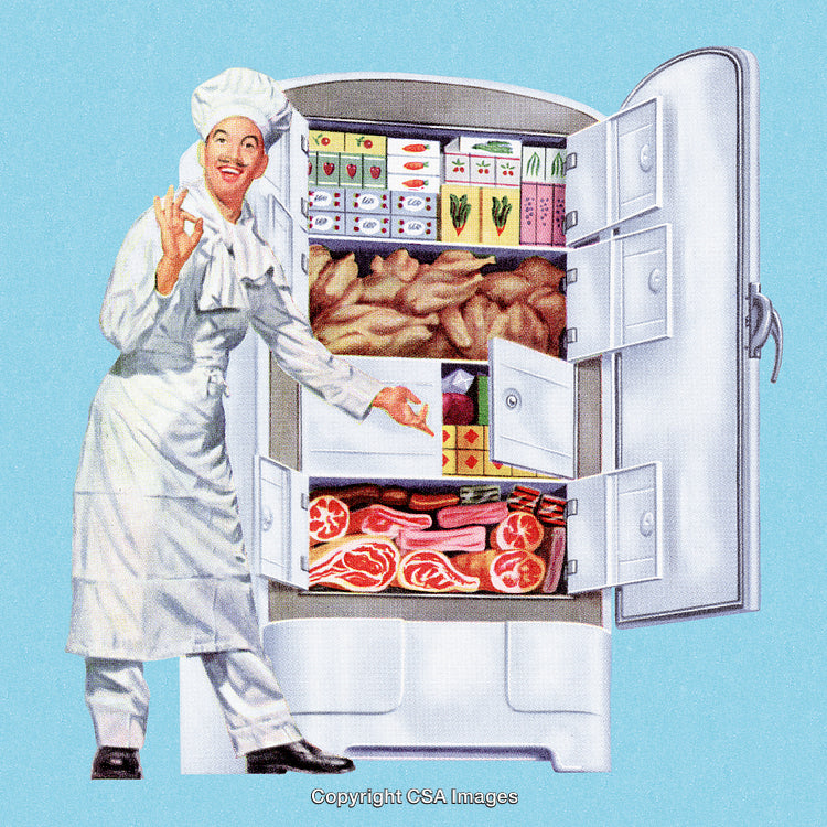 Chef Showcasing Fully Stacked Retro Refrigerator with Frozen Foods and Meat