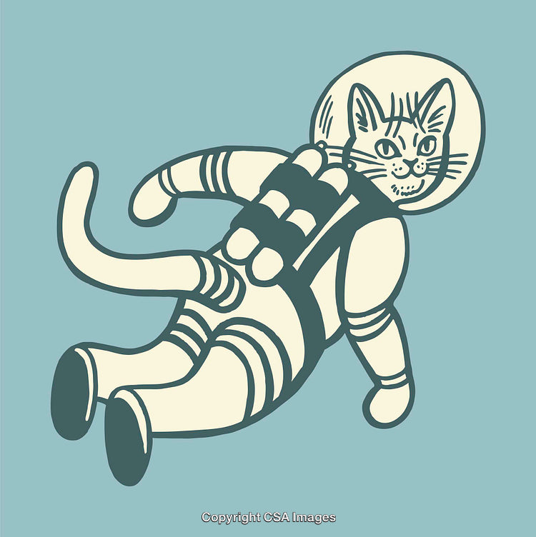 Playful Astronaut Cat Illustration in Minimalistic Line Art Style