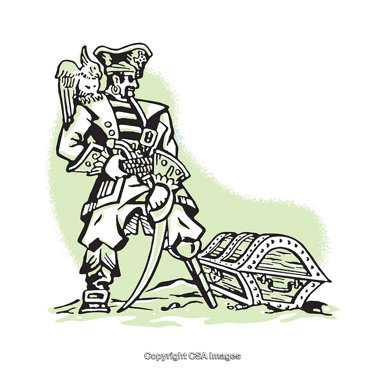 Cartoon Illustration of a Pirate with Treasure Chest and Parrot