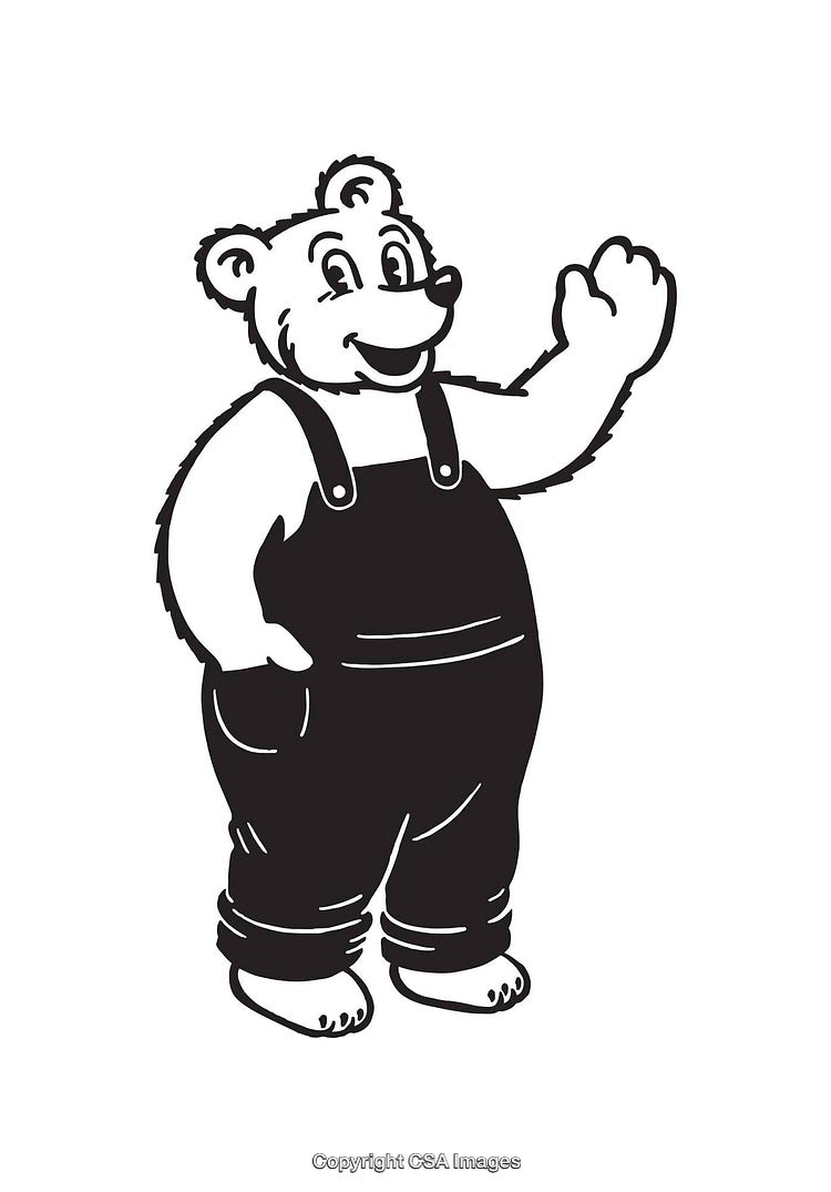 Black and White Cartoon Bear Character Waving in Friendly Gesture