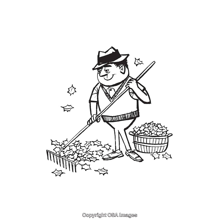 Man Raking Leaves in Line Art Illustration with Fall Elements