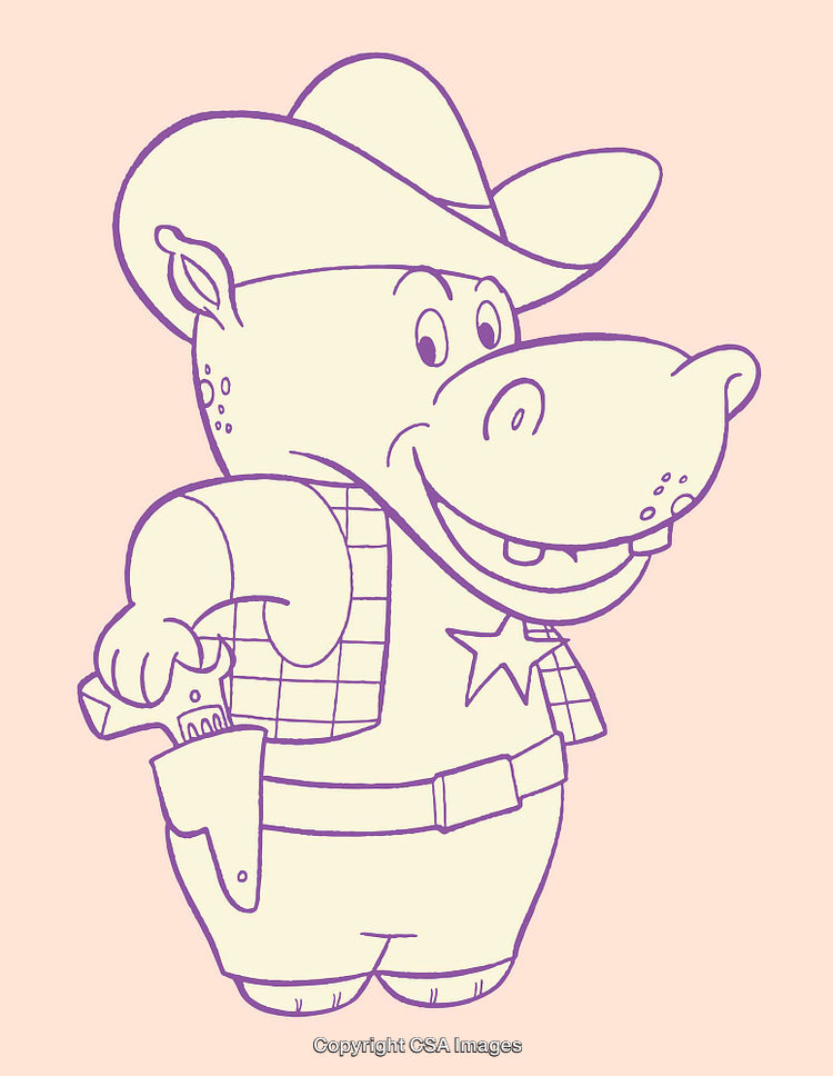 Cute Cowboy Hippopotamus Illustration in Line Art Style with Western Theme
